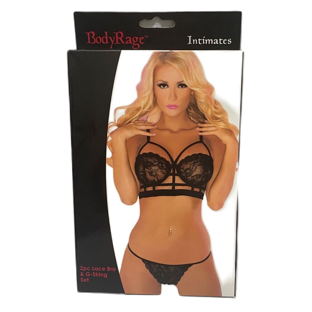 Body Rage Intimates 2 Piece Lace Bra and G-String Set Black Medium To Large